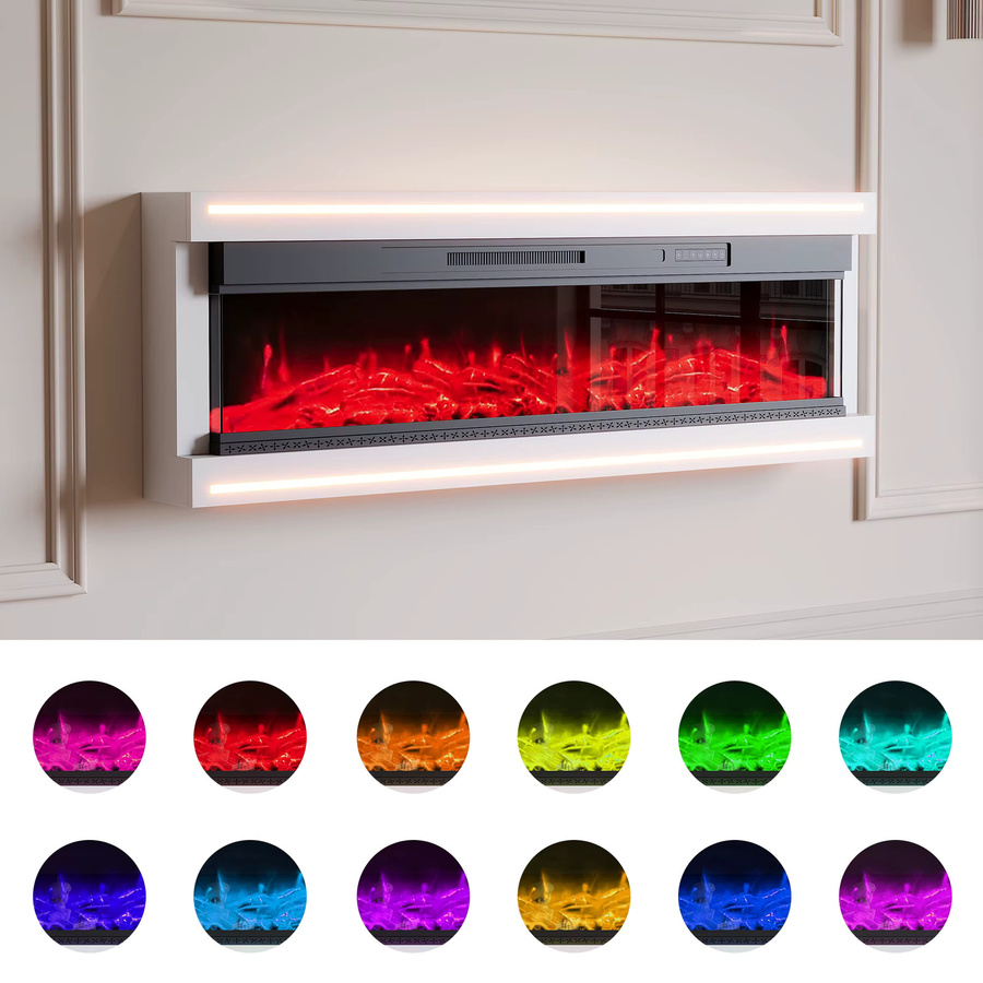 Elektrischer Kamin von WoodenAura in Weiß mit LED-Ambientebeleuchtung, 50 Zoll Durchmesser, 12-farbiger Holzflammensimulation und einstellbarer Helligkeit sowie Geschwindigkeit zur Wandmontage - Bild 4
