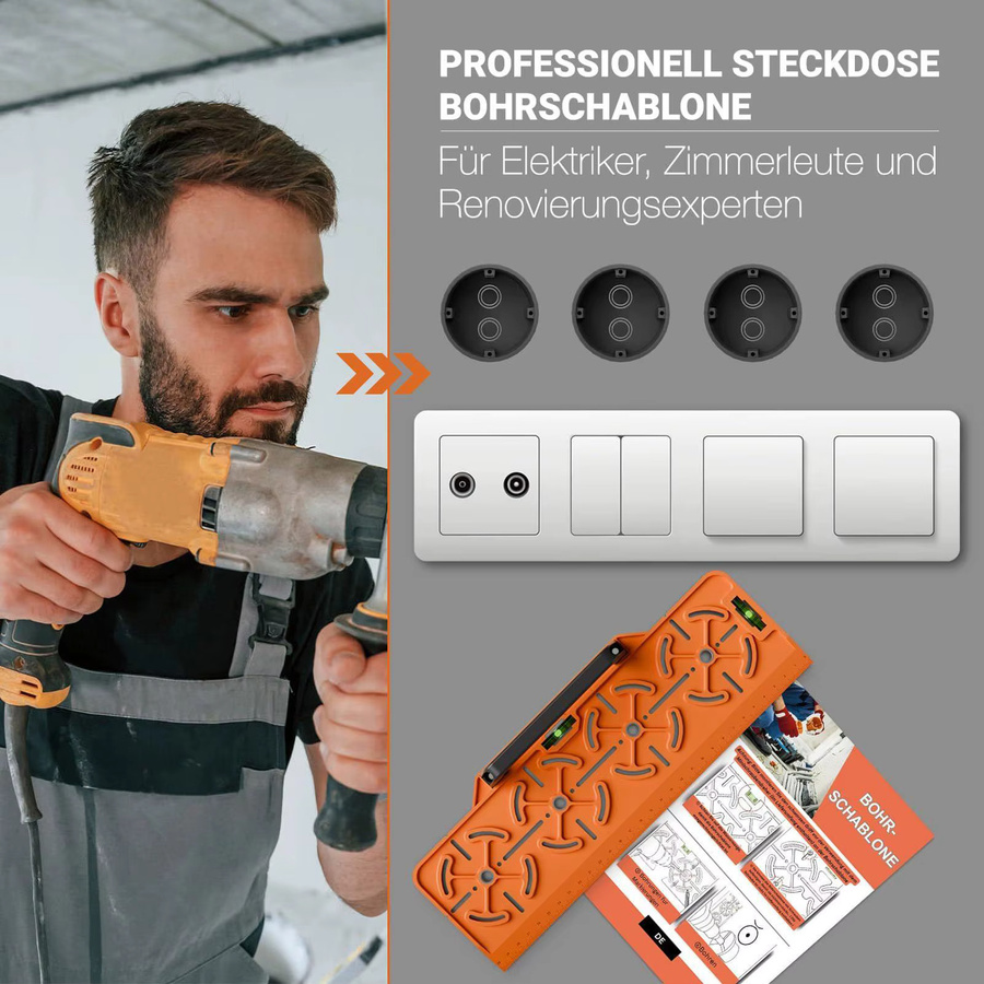 Bohrschablone mit Wasserwaage und Lineal zur Montage von Steckdosen in Orange - Bild 5