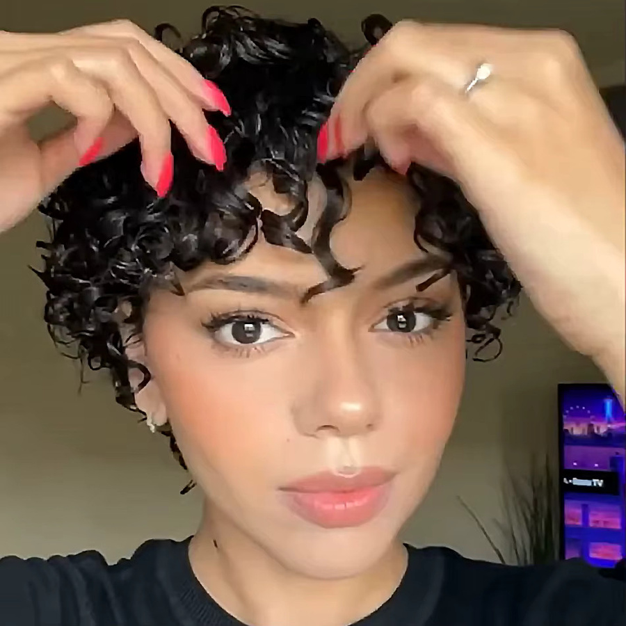 OYM HAIR Pixie-Perücke, Echthaar, Schwarz, Lockig, Damen - Bild 2