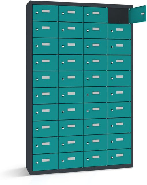 rotstahl Wertfachschrank mit 40 Fächern und Scharniertüren, Farbe Türkis und anthrazitgrauer Korpus, B/T/H: 115 x 50 x 180 cm - Bild 1