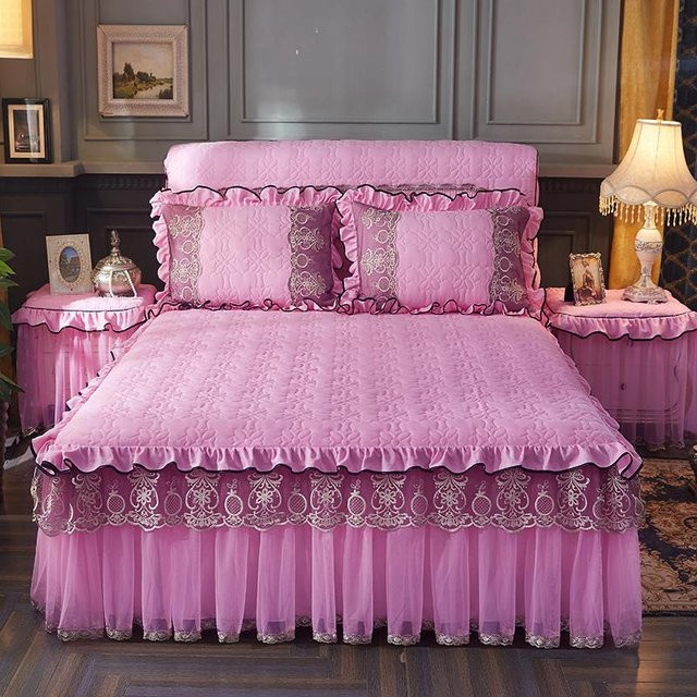 Luxuriöses 3-teiliges Bettwäsche-Set mit Spitze und Stickerei in Pink, B/B: 200 x 220 cm - Bild 1