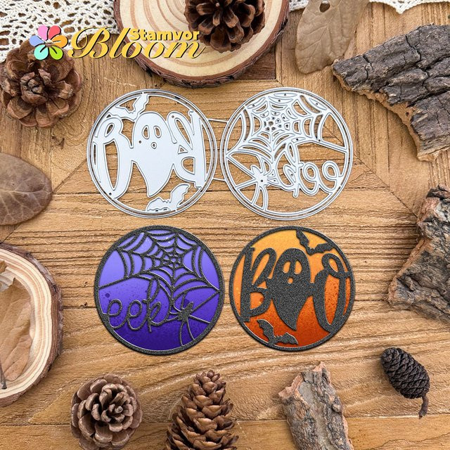 Metall Stanzformen für Scrapbooking mit Halloween Motiven wie Geist und Spinnennetz in Silber - Bild 1