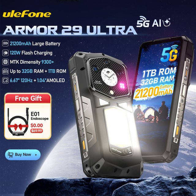 Ulefone Armor 29 Ultra 5G Robustes Smartphone in Schwarz mit Dimensity 9300+, 21200 mAh Akku, 6,67 Zoll 120 Hz AMOLED Display, 32 GB RAM, 1 TB ROM, 64 MP Nachtsichtkamera, NFC und Android 15 - Bild 1
