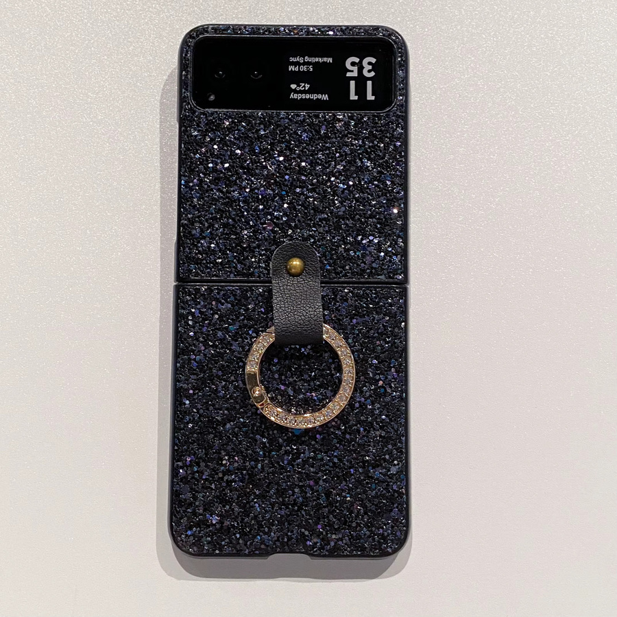 Glänzende Leder-Hartschale für Motorola Moto Razr 40 und Moto Razr 40 Ultra mit künstlicher Diamantbeschichtung und Ring-Schnalle in Schwarz - Bild 3