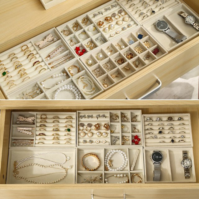 Samt-Schmuckschatulle mit Schubladen und Präsentationstablett als Organizer für Ringe, Ohrringe, Halsketten und Armbänder - Bild 1