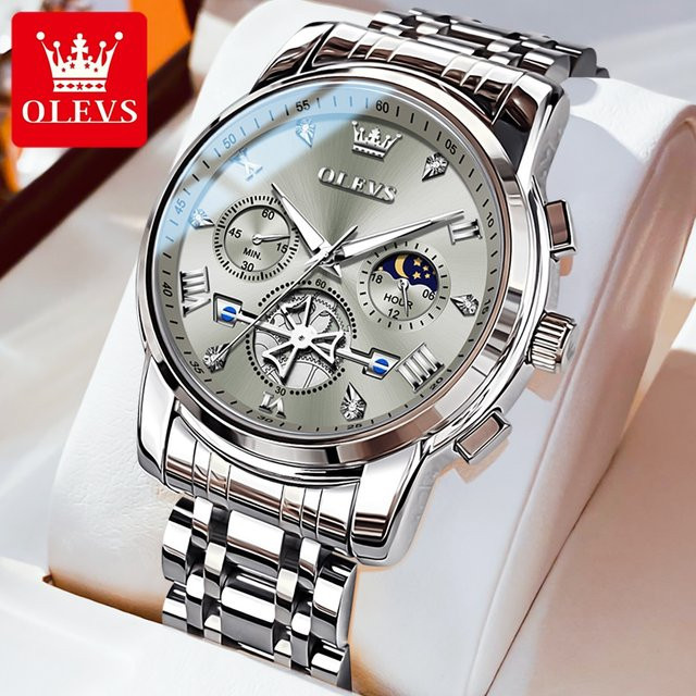 OLEVS Armbanduhr Edelstahl, Mondphase, Silber, Herren - Bild 1