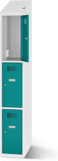rotstahl Fächerschrank mit 3 Fächern und Ladefunktion, Farbe Türkis, Korpus Lichtgrau, B: 30 cm, H: 200 cm - Bild 1