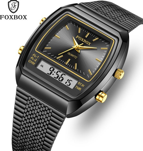 FOXBOX Armbanduhr Quarz, Doppel-Display, Edelstahl, Schwarz, Herren - Bild 1