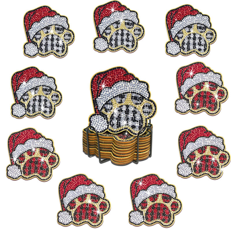 10er Set DIY Diamond Painting Untersetzer mit Halter im Weihnachts-Design und Tierpfoten-Motiv, mehrfarbig - Bild 4
