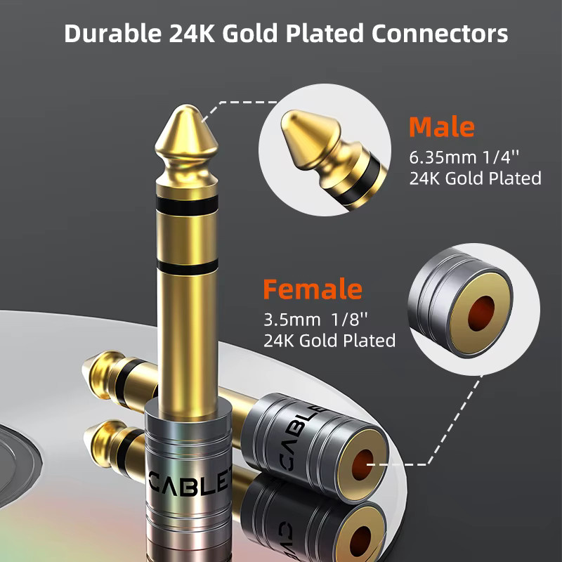 CABLETIME Audio-Adapter 6,35 mm Klinke auf 3,5 mm Mikrofon-Audiostecker in Gold für Verstärker, Lautsprecher und AUX-Kabel - Bild 3