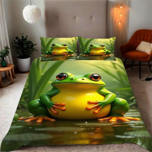 Frosch Bettwäsche Set für Kinder mit grünem Frosch- und Pilzmotiv aus Mikrofaser, B/H: 240 x 260 cm - Bild 1