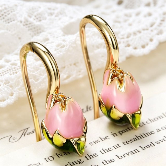 Ohrringe Damen, Imitations-Emaille-Tulpen, Vintage, Gold - Bild 1