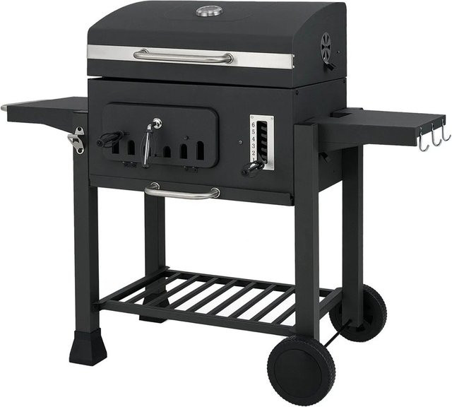 COSTWAY Holzkohlegrill Grillwagen in Schwarz mit Grillrost und Thermometer aus Edelstahl und kaltgewalztem Stahl - Bild 1