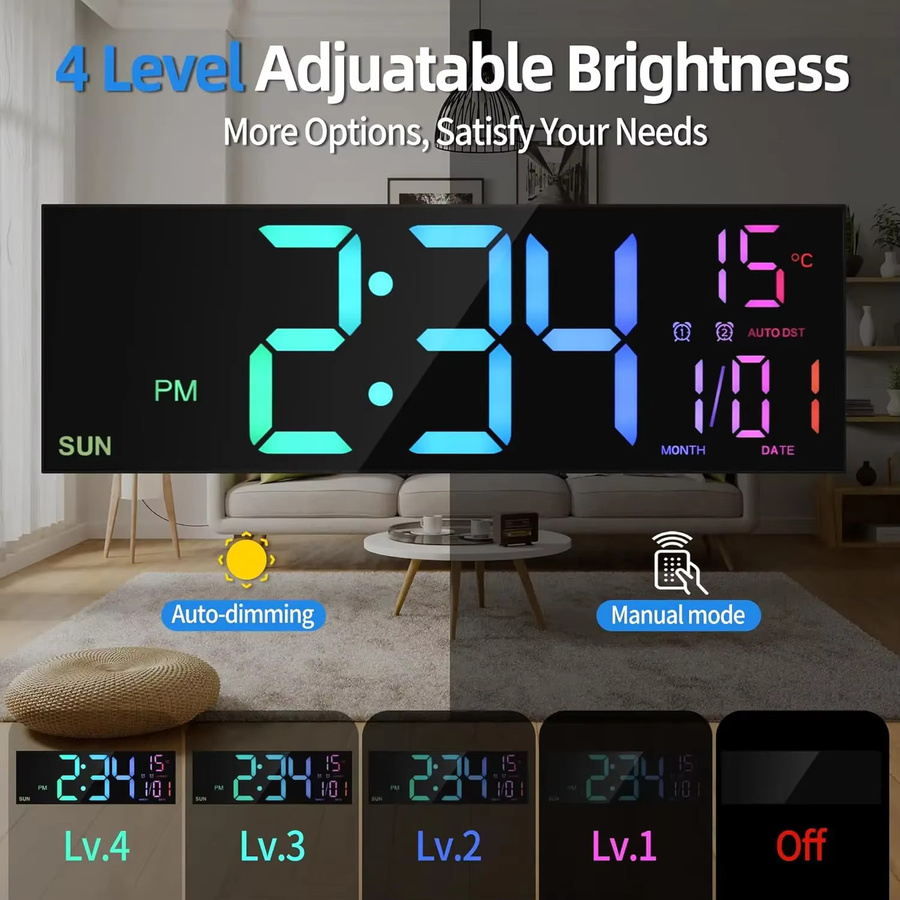 WOKLOK Digitale LED Wanduhr mit Fernbedienung, 41,15 cm große digitale Uhr in Schwarz mit 8 RGB-Farben und Doppelalarm - Bild 4