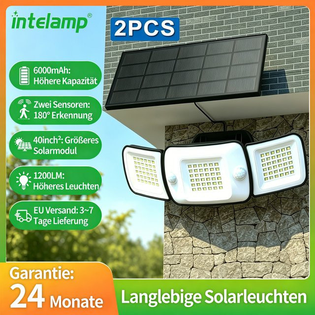 Intelamp 2er Set Solar-Flutlichter mit 108 LED und Dual-Bewegungssensor, IP65 wasserdicht, weiße Außenleuchten für Garten und Garage - Bild 1