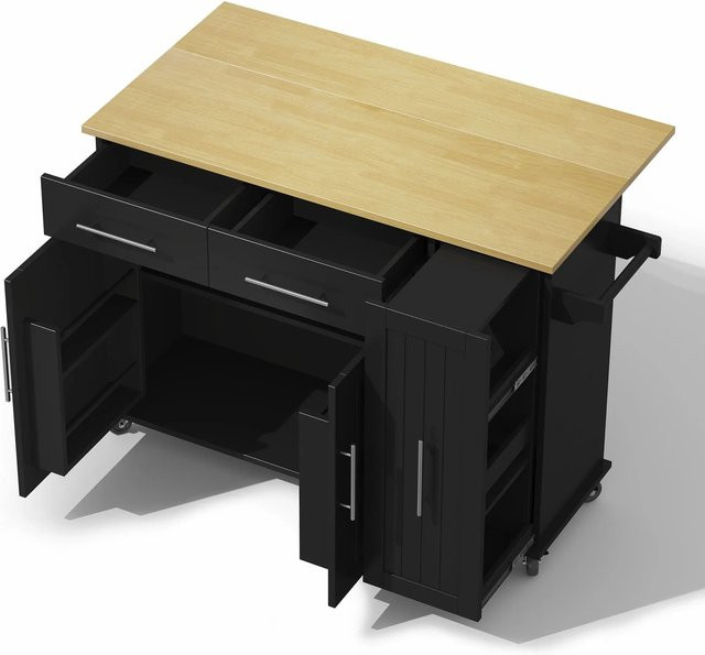 okwish Kücheninsel mit klappbarer Arbeitsplatte und Rollen in Schwarz, B/T/H: 120 x 40 x 90 cm - Bild 1