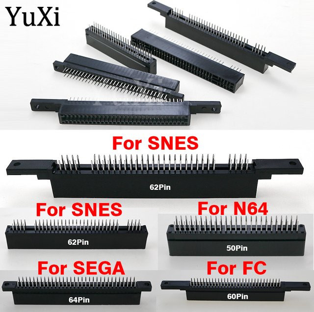 YuXi Spielkartensteckplatz für SFC SNES FC und N64 Konsolen, 64Pin 60Pin 62Pin 50Pin Anschluss mit 2,5mm Abstand, Schwarz - Bild 1