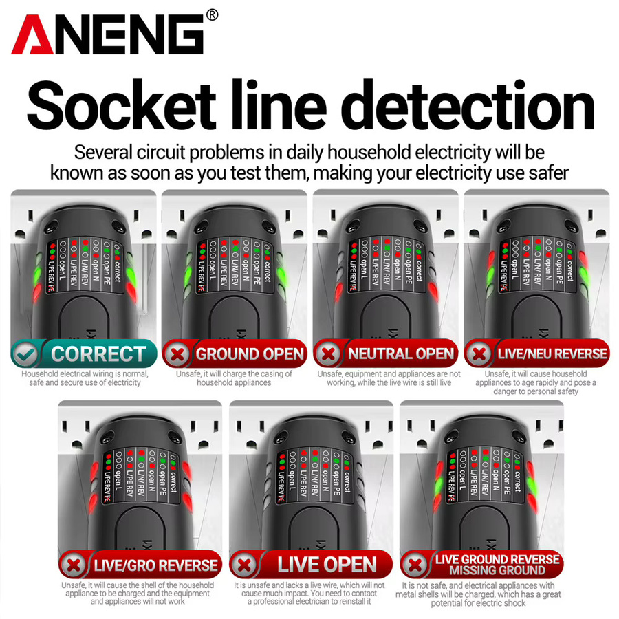 ANENG A3012 Stromkreisfinder und Steckdosentester mit AC/DC Spannungsprüfung, NCV-Funktion sowie Polaritäts- und Leckstromprüfung - Bild 6