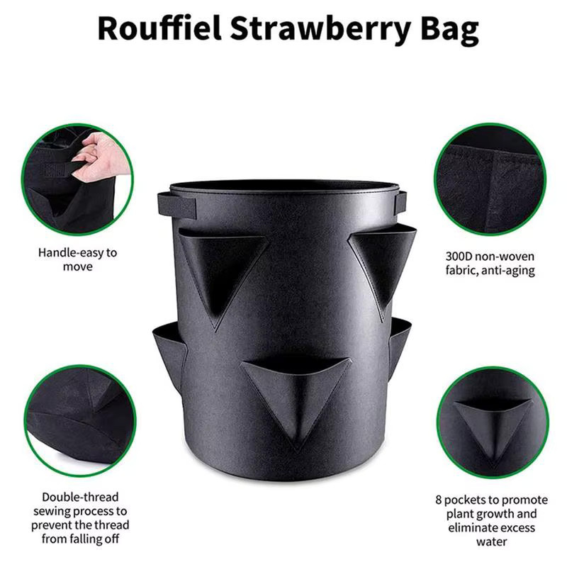 Verdickter Erdbeer-Pflanzbeutel aus Vliesstoff in Schwarz mit 6-seitiger Tasche für den Garten, B/T/H: 35,0 x 30,0 x 30,0 cm - Bild 6