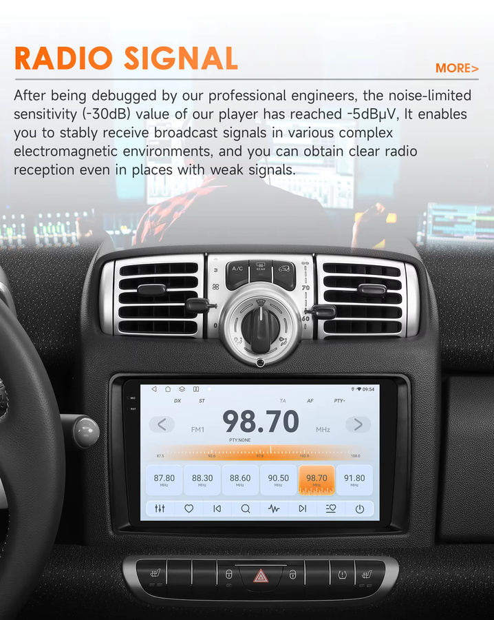 OSSURET Android 14 Autoradio für Smart fortwo 451 (2005-2010) mit 9 Zoll Display, Snapdragon 6115 Octa-Core, GPS, CarPlay, Android Auto, Bluetooth und 4G LTE in Schwarz - Bild 4
