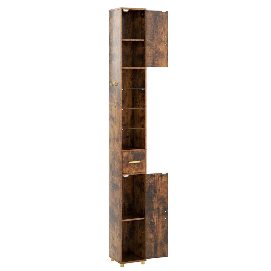 Costway Badschrank Hochschrank mit integrierter Beleuchtung und Glasablagen in Braun - Bild 2
