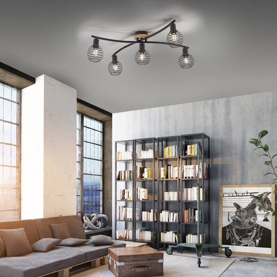 Just Light Deckenleuchte Eugen in Schwarz und Eichenholzdekor mit 5 Brennstellen, B/H/T: 67 x 20 x 66,5 cm - Bild 3