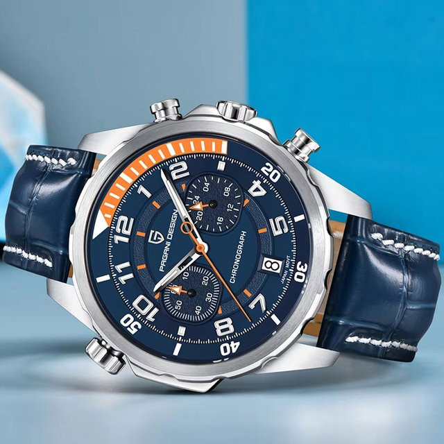PAGANI DESIGN Chronograph, Quarz, Edelstahl, Leder, 44 mm, Herren, Grün - Bild 1