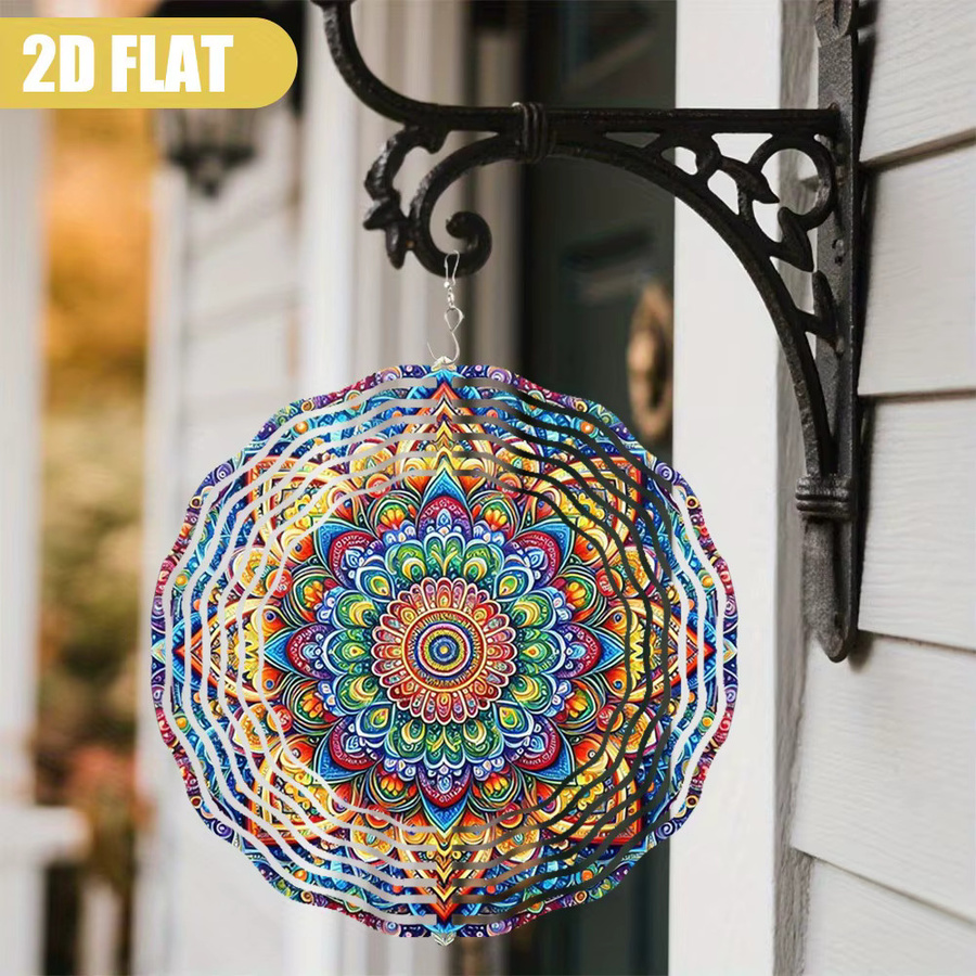 CIFBUY Rotierender Windspinner mit Mandala-Muster in Weiß und Multicolour, 25,4 cm Durchmesser, Hängende Gartendekoration aus Metall mit geometrischem Design - Bild 3