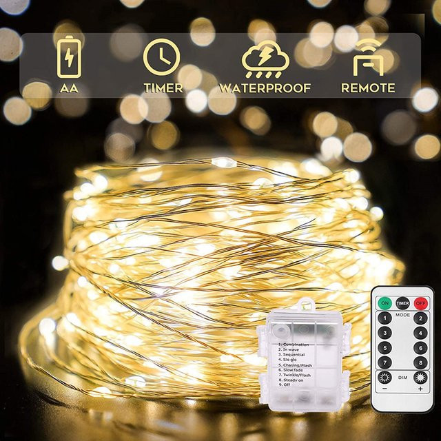 LED Kupferdraht Lichterkette mit Fernbedienung, warmweiß, batteriebetrieben, ideal für Dekoration zu Weihnachten, Hochzeit oder Partys, Farbe: Gold/Messing/Kupfer - Bild 1