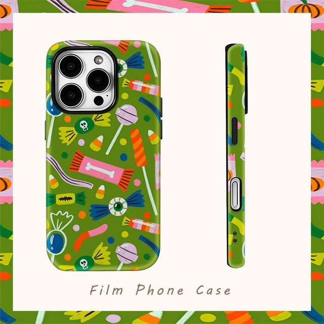 Potdemiel Handyhülle mit buntem Halloween-Süßigkeiten-Design für iPhone 11 bis iPhone 16 Pro Max, mehrfarbig, doppelschichtige Rückseite - Bild 1