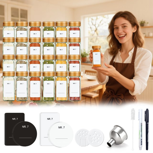 SAEIV Set mit 24 quadratischen Gewürzgläsern aus Glas, transparent, luftdicht und BPA-frei, 120 ml pro Behälter - Bild 1