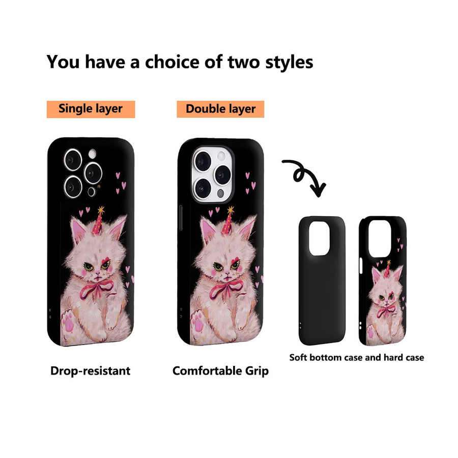 Potdemiel Handyhülle mit Rosa Herz und Kätzchen Design für iPhone 17 16 15 14 13 12 Pro Max Plus mit doppelschichtiger Rückseite in Pink und Schwarz - Bild 3