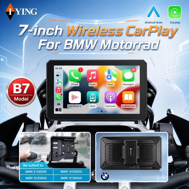 IYING Motorrad Navi mit 7 Zoll Display, Wireless CarPlay und Android Auto, Wasserdicht IP67, Bluetooth GPS Navigation mit IPS Touchscreen, Schwarz - Bild 1