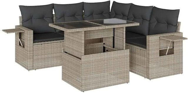vidaXL 6-teilige Garten-Sofagarnitur in L-Form aus Poly-Rattan mit Kissen in Hellgrau - Bild 1