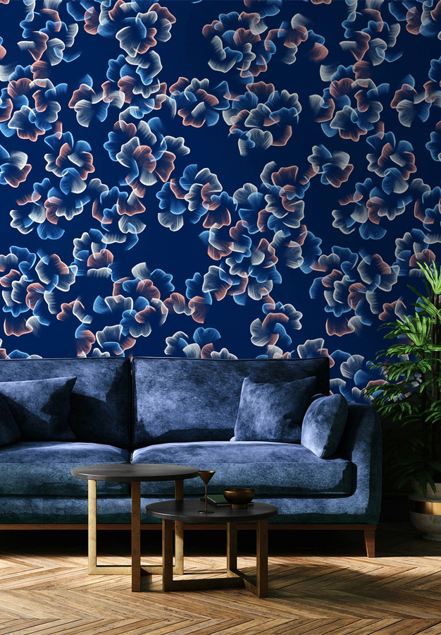 Isidore Leroy Mural Printemps Bahnen 1/2/3 Wandtattoo in Blau mit floralem Art Nouveau Design - Bild 1