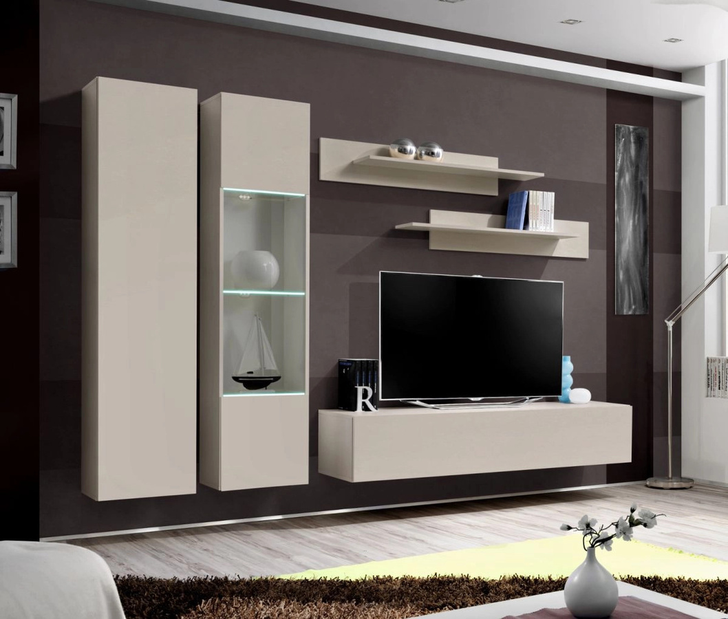Wohnwand Option von Inn.Furn in Kaschmir Beige, 5-teiliges Set mit LED-Beleuchtung und Glasvitrine, Breite: 260 cm - Bild 2