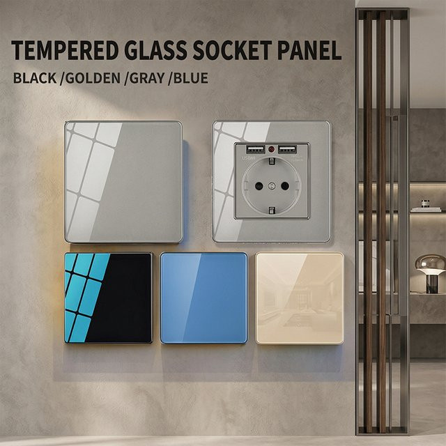 T&I Kristallglas Wandschalter-Steckdosenpanel aus gehärtetem Glas in Transparent und Multicolour mit USB-Anschluss für EU und UK Standard - Bild 1