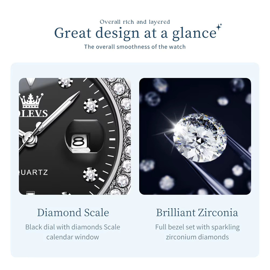OLEVS Armbanduhr Quarz, Edelstahl, Diamantbesetzt, Damen, Schwarz, Silber - Bild 6