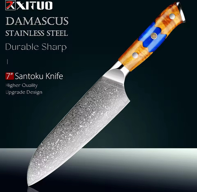 Xituo Santoku Küchenmesser aus Damaststahl mit blauem Kunstharz- und Holzgriff, 17,8 cm - Bild 1