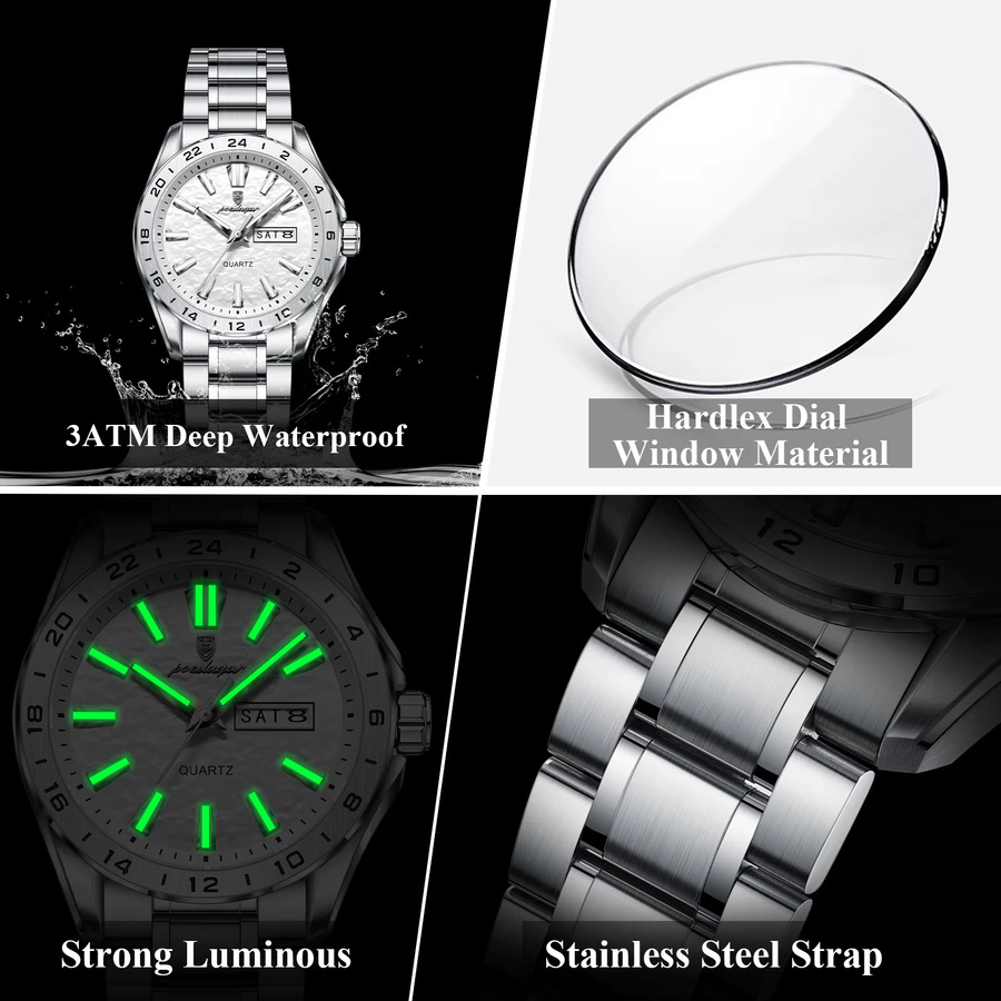 POEDAGAR Armbanduhr Quarz, Edelstahl, Silber, Herren, Datum, Wochentag - Bild 4