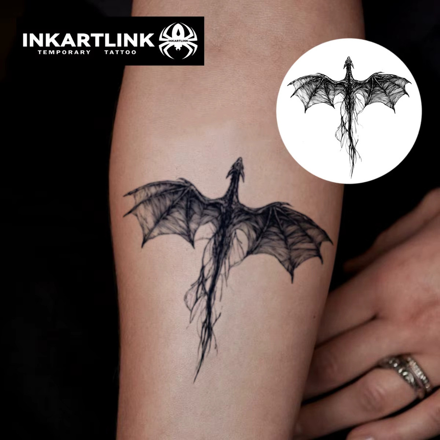 INKARTLIN Tattoo Aufkleber, Strichzeichnung geflügelter Drache, wasserdicht - Bild 2