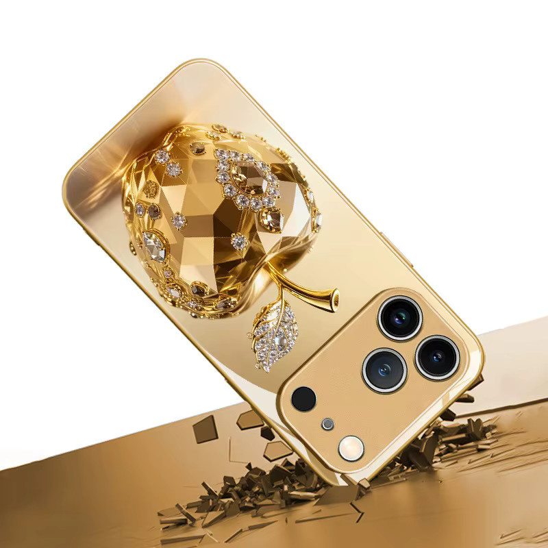 Luxuriöse Schutzhülle mit Apple-Muster aus goldmetallic lackiertem Glas für iPhone 18 17 16 15 14 13 12 11 Pro Max Plus und 17Air in Gold - Bild 3