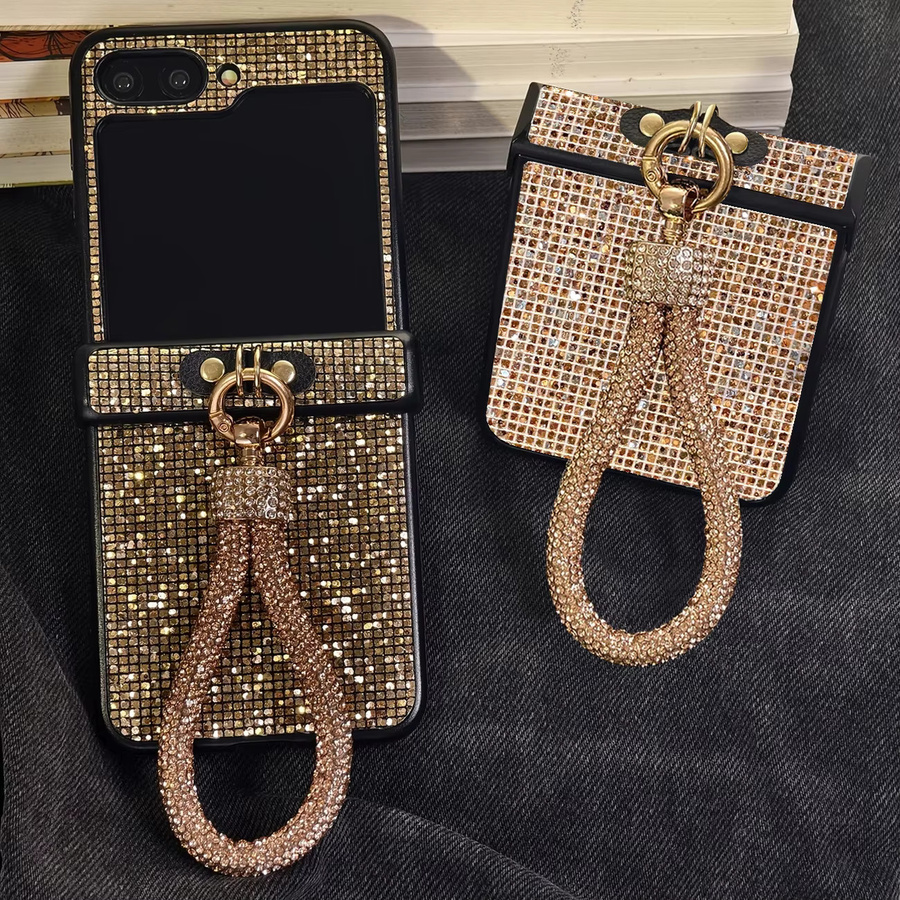 Luxuriöse Lanyard-Handyhülle mit Diamantbeschichtung für Samsung Galaxy Z Flip 7 FE 6 5 4 3 in Weiß und Gold - Bild 2