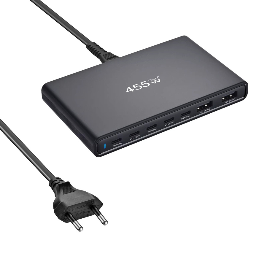 Deepartner Ultraschlankes 455W GaN Tischladegerät mit 5 USB-C und 2 USB-A Anschlüssen in Schwarz - Bild 2