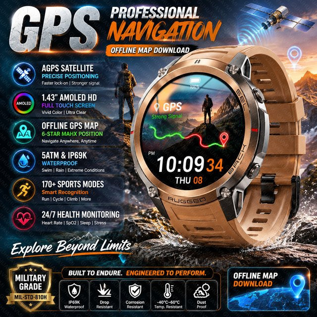 GUHUAVMI Militärische Outdoor GPS Smartwatch mit AMOLED HD Display, Bluetooth Anruf, Kompass und 5ATM Wasserdichtigkeit, Schwarz - Bild 1