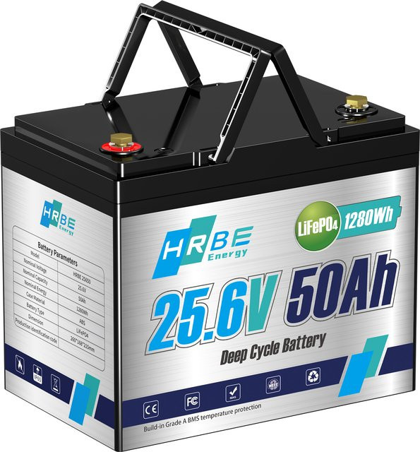 HRBEEnergy 24V 50Ah LiFePO4 Deep Cycle Lithiumbatterie mit 50A BMS in Schwarz - Bild 1