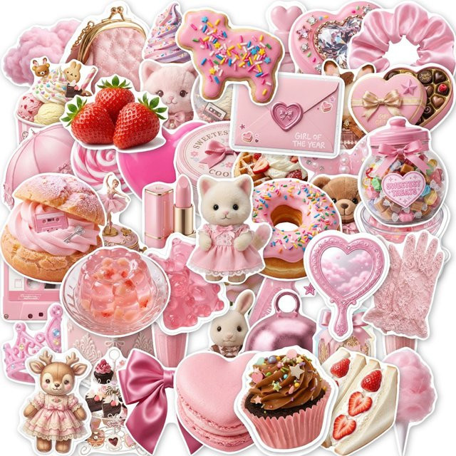 50-100 Stück Rosa Kawaii Aufkleber mit süßen Tieren und Desserts, Wasserfeste Sticker für Tagebuch, Laptop und Scrapbook - Bild 1