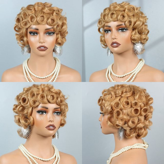 Kurze lockige Pixie-Cut-Perücke aus brasilianischem Remy-Echthaar, blond 27 #, Damen - Bild 1