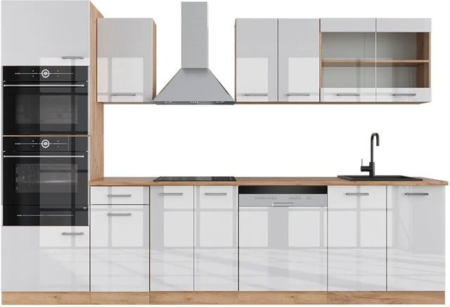 Vicco R-Line Küchenzeile Weiß Hochglanz und Goldkraft Eiche mit Hochschrank, Breite: 300 cm - Bild 1