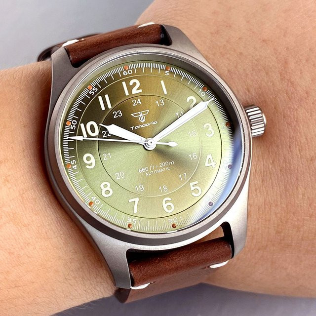 Tandorio Automatikuhr, Titan, 39 mm, Grün, Leder, Herren - Bild 1